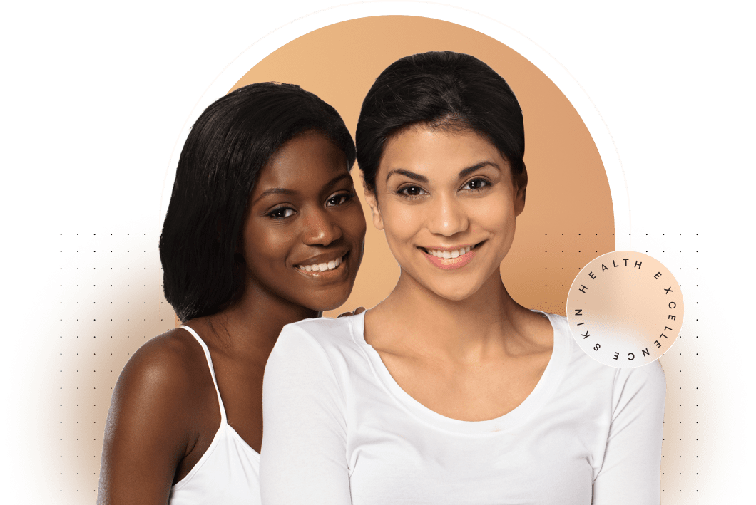 Two women smiling with clear and healthy skin.