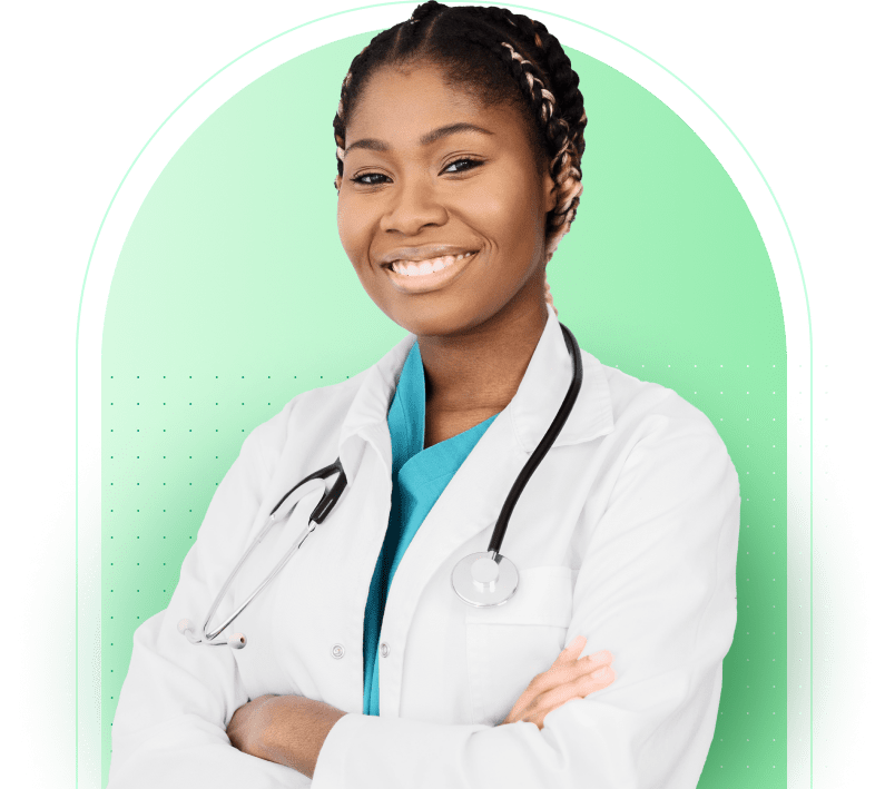 Smiling female doctor in a clinical environment.