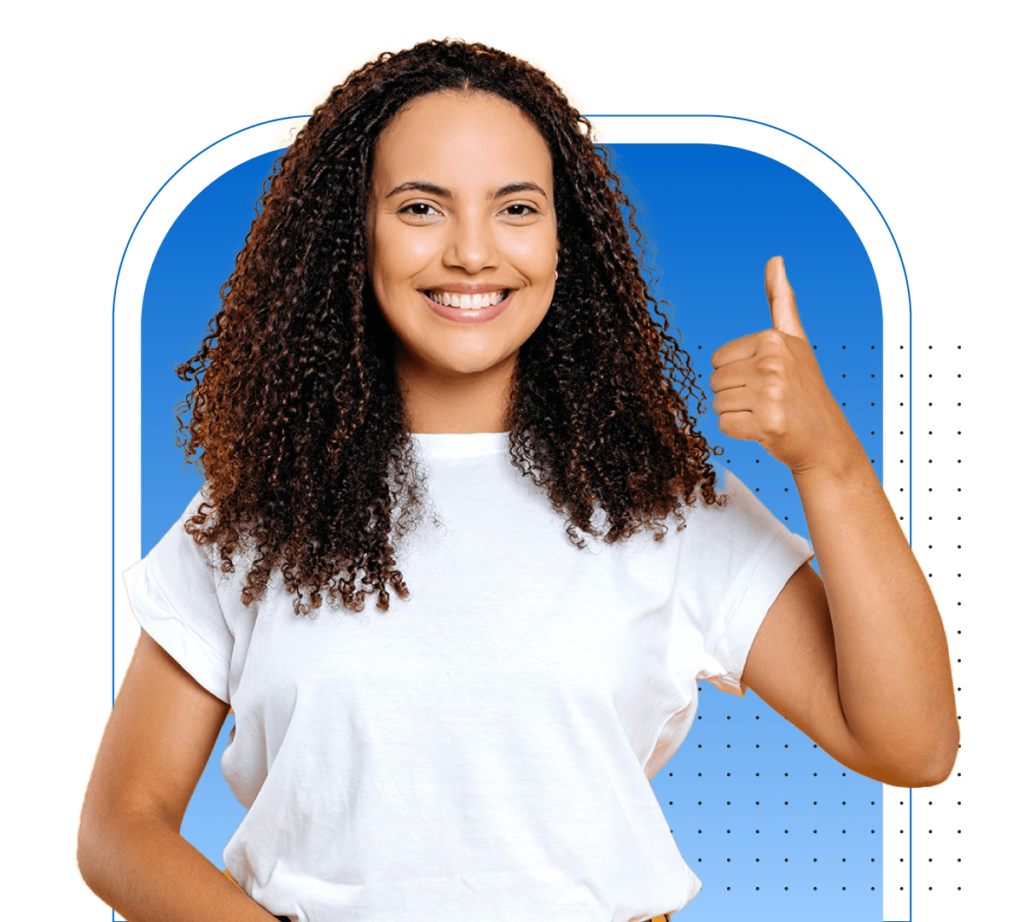 Female model smiling and giving a thumbs up.