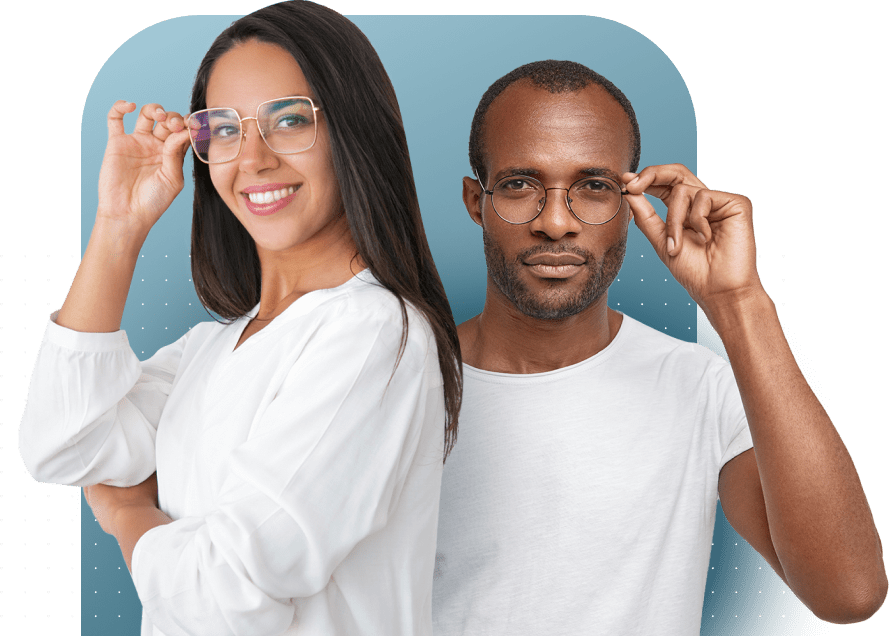 Man and woman wearing glasses and looking confidently ahead.